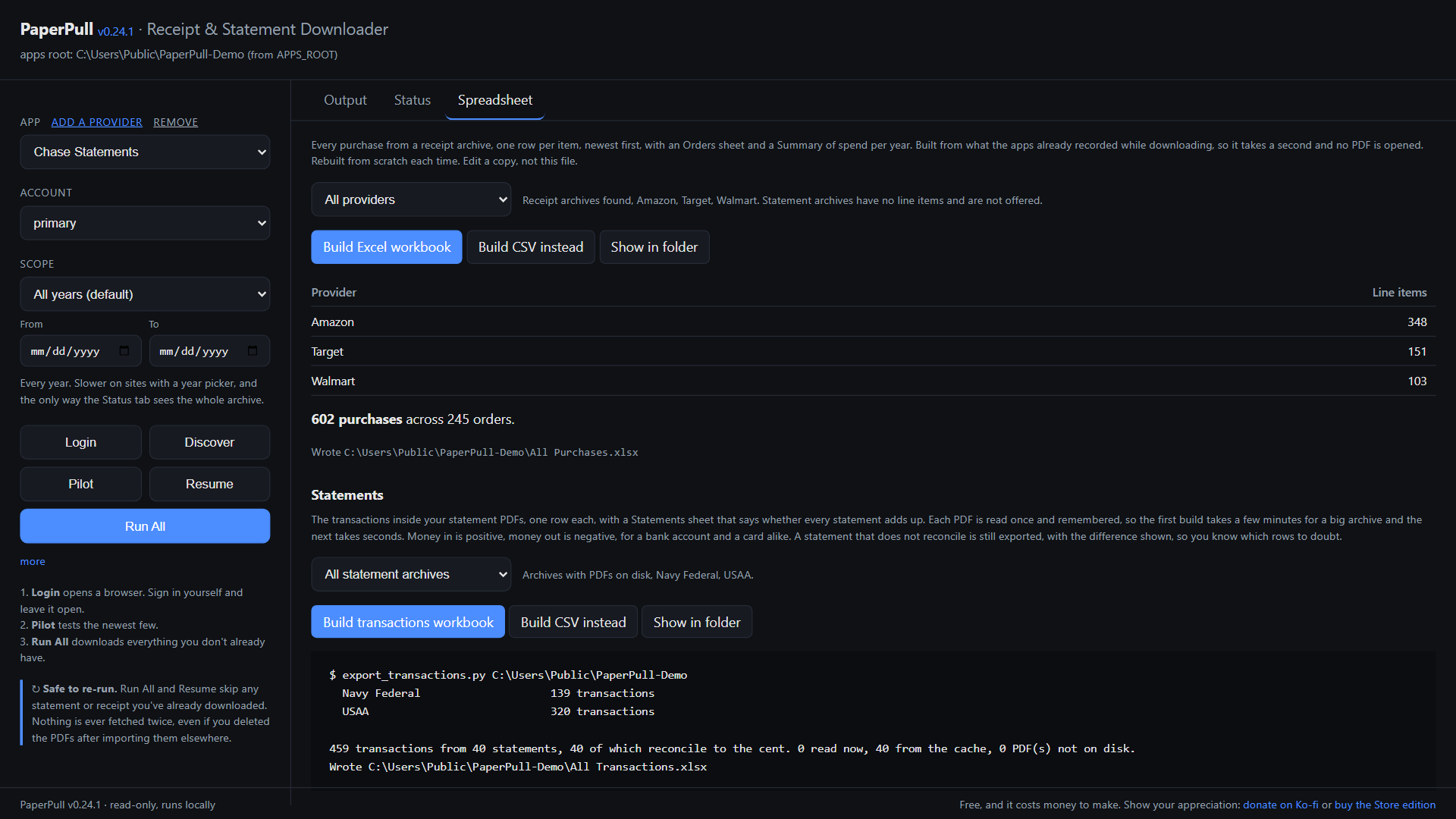 The Spreadsheet tab: 602 purchases across 245 orders, and 459 transactions from 40 statements, all 40 reconciling to the cent.