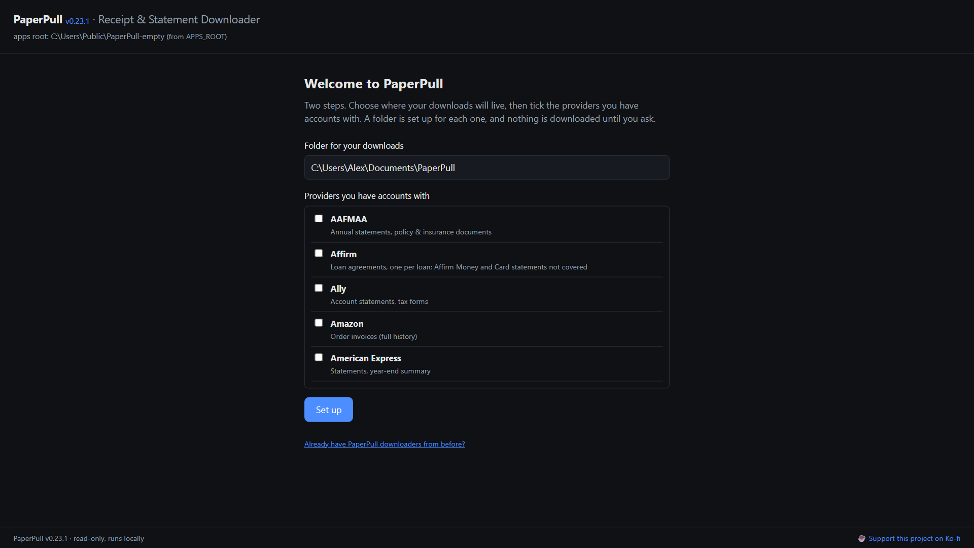 The first-run screen: choose a folder, tick the providers you have accounts with.